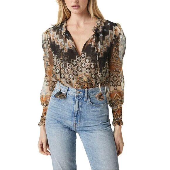 NWT Misa Los Angeles Geometric Print Sheer Peasant Siena Blouse Blue Tan Medium - Picture 8 of 8